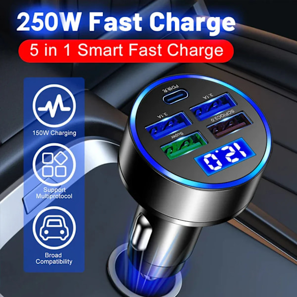 250W 4-portars USB-billaddare för bil Typ C PD QC3.0 Snabbladdningsadapter LED-display för Huawei Xiaomi iPhone 14 13 12 11 Pro Max 5 in 1 250W PD