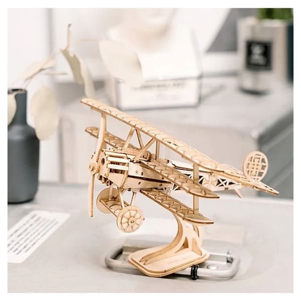 (Sort) 3D Træ Biplan Model - ROBOTIME - Biplan Model - Konstruktionslegetøj - Pædagogisk Legetøj Black