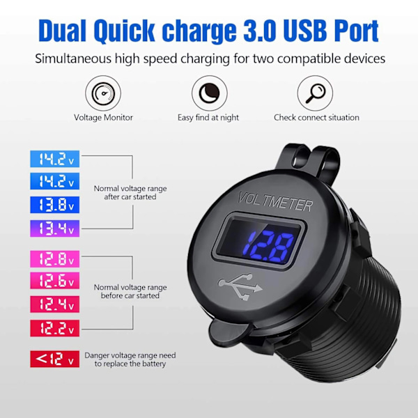 Snabbladdare Aluminium QC3.0 Dubbel USB Billaddare med Strömbrytare LED Spänningsdisplay för 12V/24V Bilar Båtar Motorcykel Brown