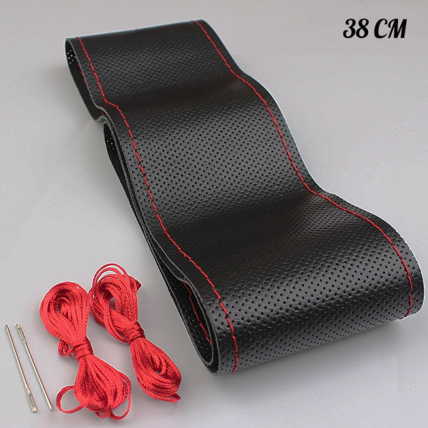 (B-svart och rött)Äkta läder 38 cm 36/40/42 cm 15 tum Bilratt Cover Universal Bilinteriörtillbehör Interiöröverdrag B-Black and Red