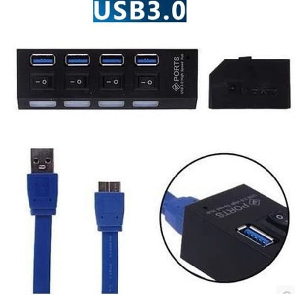 Port USB 3.0 HUB Strömbrytare Splitter Plug & Play + AC Adapter Kabel för PC EU GOBRO
