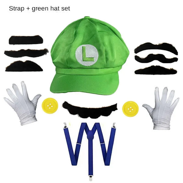 Super Marios Bros Hat Luigi Broderi Anime Figur Tecknad Kringutrustning Cap Vuxen Skägg Cosplay Rekvisita Klä upp tillbehör Super Mario