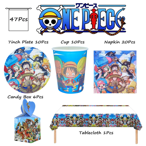 One Piece Luffy Festservis Kompletta set Födelsedagsfesttillbehör Pojkar Flickor Festdekoration Festlig Familjepresenter Picknickpresenter 47Pcs