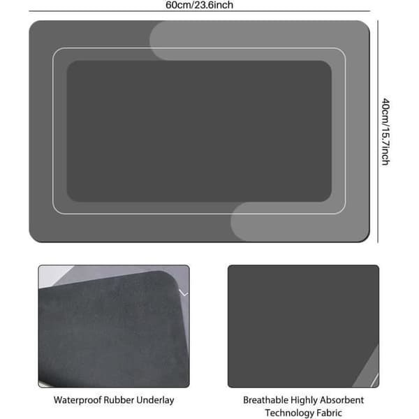 Baderomsmatte - Absorberende - Diatomitt - Sklisikker - 40 x 60 cm - Grå