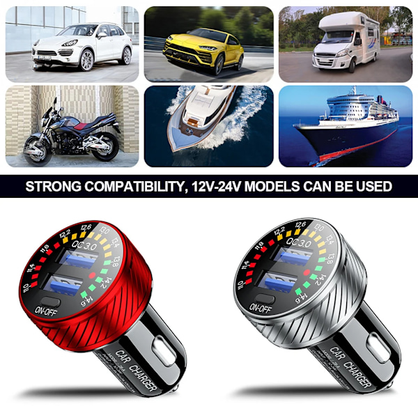 Billadapter för bil med dubbla QC 3.0 USB-portar, 18 W snabbladdning, LED-voltmeter med ON/OFF-knapp, 12 V-24 V, vattentät Silver