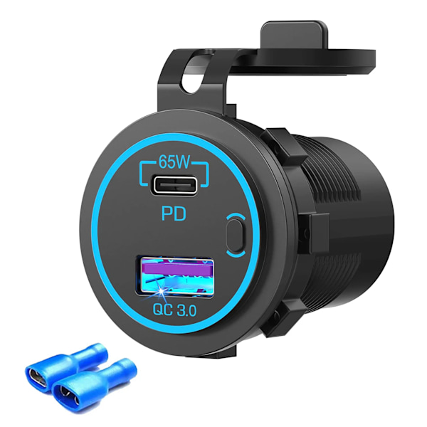 12V/24V USB C-billaddare 83W Snabbladdning 65W PD3.0 & 18W QC3.0 LED Digital Display & Strömbrytare för Bil RV ATV Motorcykel Blue