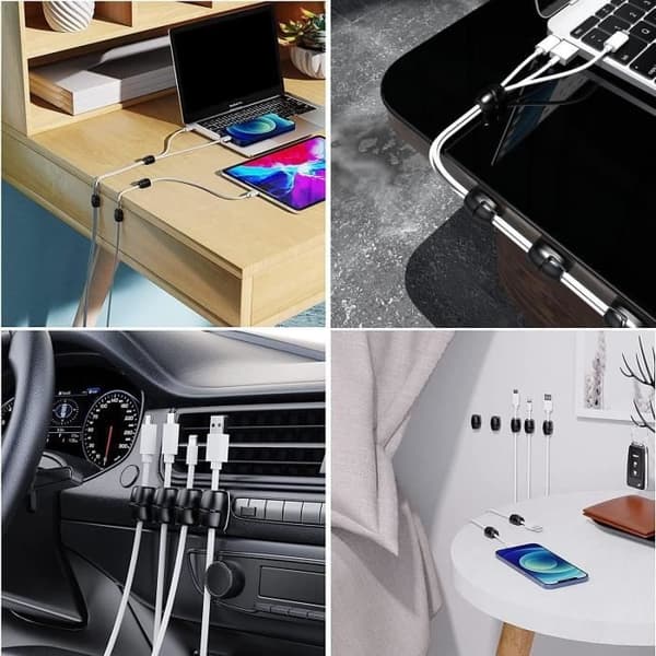 (Sort) Opladerkabel Organizer - Kabelclips - Silikone - Selvklæbende - Sort - 6 Stk Black