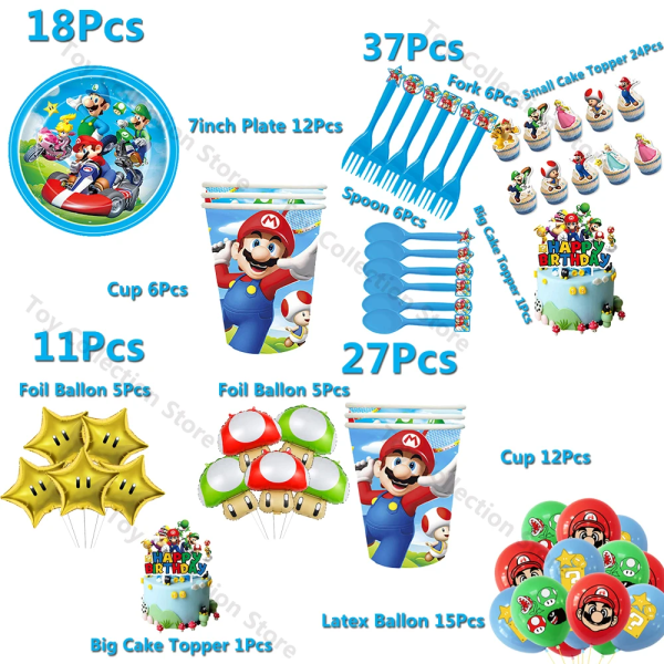 1Set Marioedd Bros Bordsservis Festtillbehör Barn Födelsedag Ballong Fest Dekoration Papperstallrik Kopp Servett Speltema Gör-det-själv-leksak Present A17-27Pcs Other