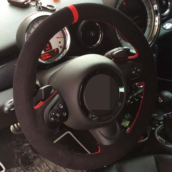 Cover DIY Handsytt svart äkta läder Mocka Bilrattskydd för Mini Cooper Tillbehör