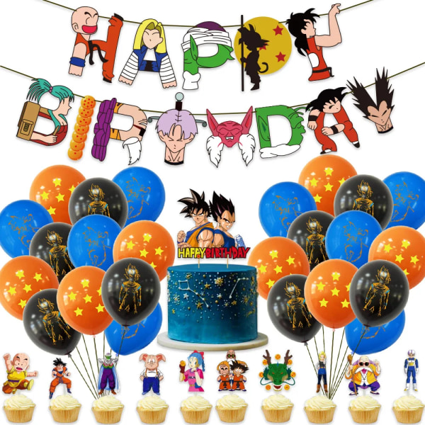 Anime Dragon Ball Son Goku Tema Barn Födelsedagsfest Dekorationer Latexballonger Banner Cake Topper Baby Shower DIY Party Supplies SetA