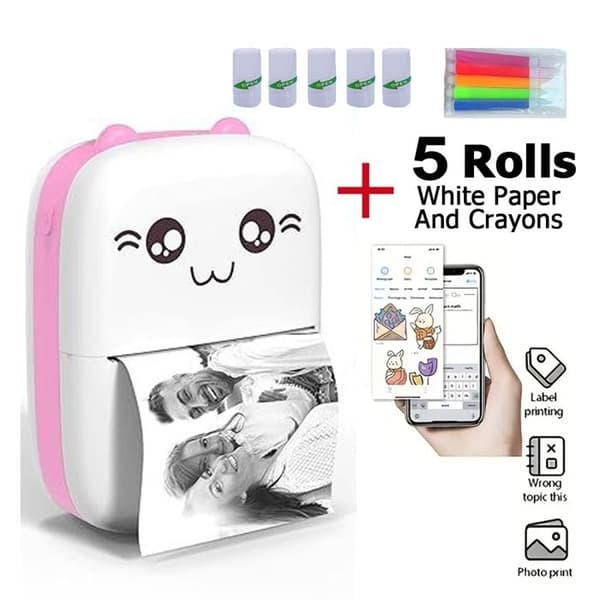Mini bærbar Bluetooth termisk printer, 5 ruller klæbepapir, kompatibel med Android/iOS, pink