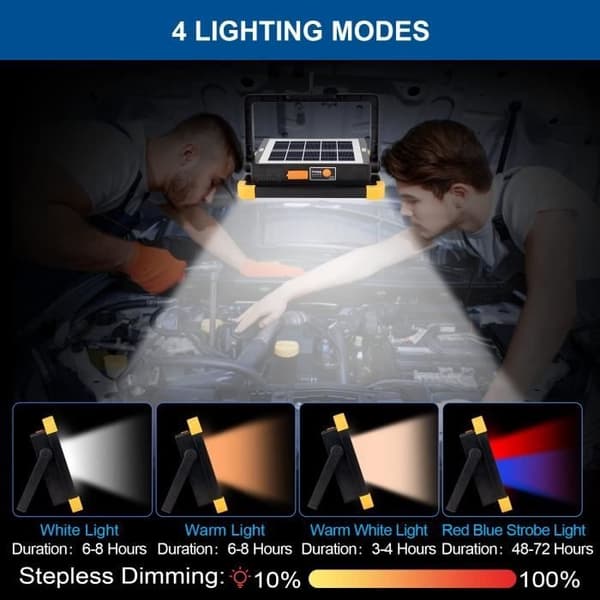 Oppladbar LED Flomlys - YANSION - 80W - 348 LED-er - Solcellepanel - 4 Lysmoduser