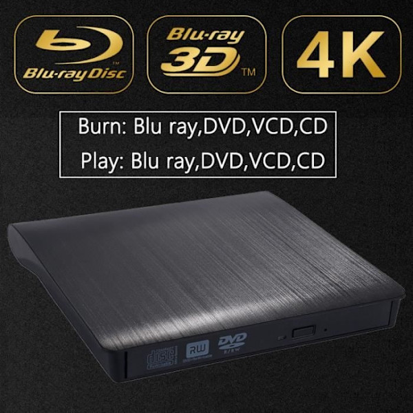 Sort Ekstern Optisk Drev USB 3.0 BD-ROM Blu-ray 4K 3D CD-VCD-DVD Brænder Til Desktop Laptop Notebook