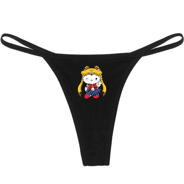 Hellokitty Ren bomull Tunn rem Sexig stringtrosa Låg midja Sömlös Anime Cartoon Kuromi Underkläder för kvinnor Enkla ribbade T-byxor BLACK 10 L