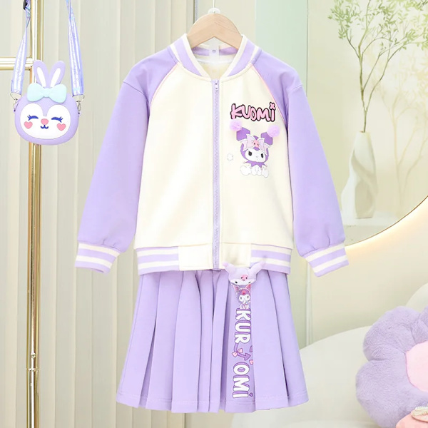 Anime Sanrios My Melody Kuromi Kawaii Autumn Winter Girl Tredelad Barnkostym Jk Plisserad kjol Skjorta Jacket Set Toddler Kuromi 2PCS 8 130cm