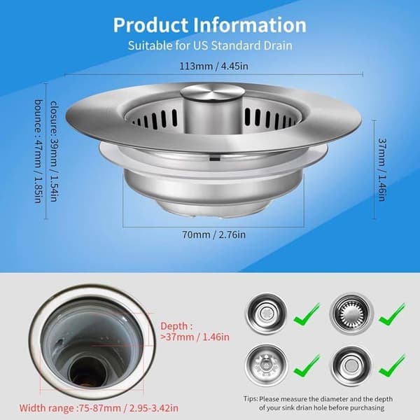 Uppgraderad 3 i 1 diskbänksil - Diskbänksplugg i rostfritt stål, (Silver-1-pack)