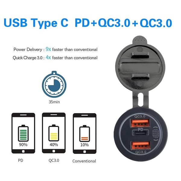 12V/24V Triple Porte 68W USB-C Multipel Biloplader Socket PD3.0 3USB QC3.0 Porte Med Touch Switch Hurtig Biladapter