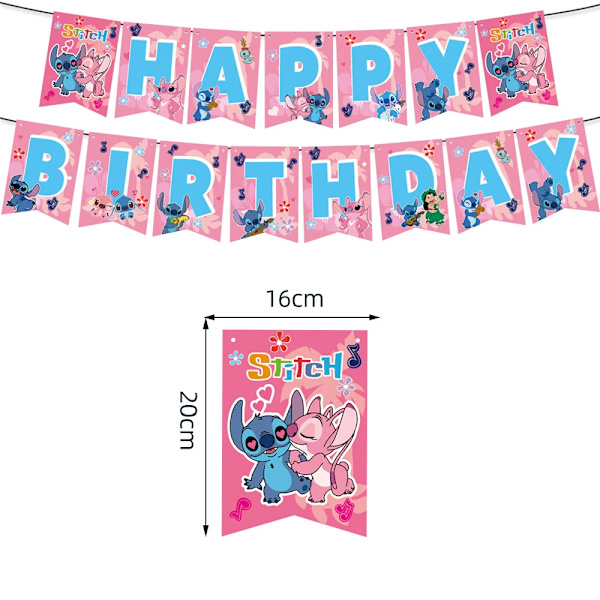 Rosa Lilo & Stitch Barn Födelsedagsfest Tillbehör Tak Spiral Tårta Dekoration Engångsservis Grattis på födelsedagen Bannerballong Round-9