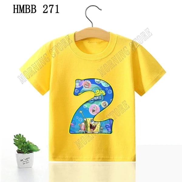 Svampbob Fyrkant Barnkläder Anime Barn Födelsedag nummer T-shirt Sommar Bomullsöverdelar Tecknad Söt Baby Presenter yellow HMBB271 150CM