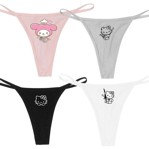 Hellokitty Ren bomull Tunn rem Sexig stringtrosa Låg midja Sömlös Anime Cartoon Kuromi Underkläder för kvinnor Enkla ribbade T-byxor BLACK 10 S