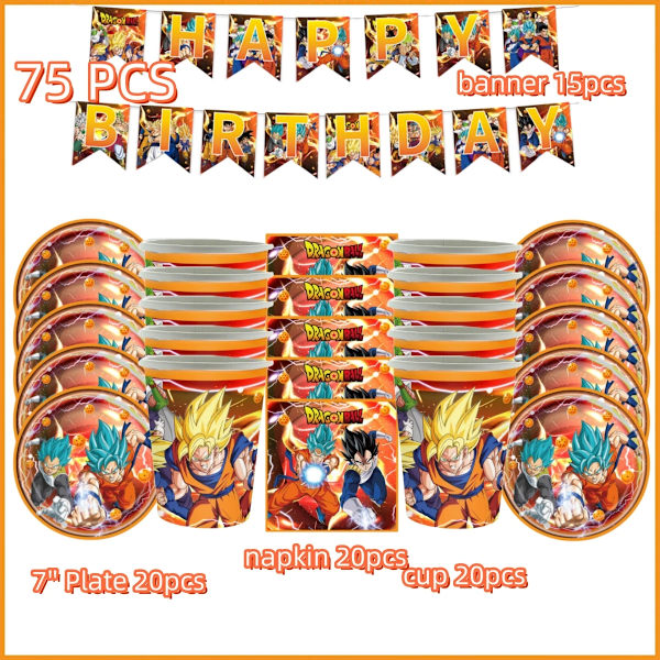 Dragon Ball Z Födelsedagsfest Dekoration Kopp Tallrik Servetter Baby Shower Son Goku Folie Ballonger Bakgrund Leksak Event Presentmaterial BPQZ-75PCS