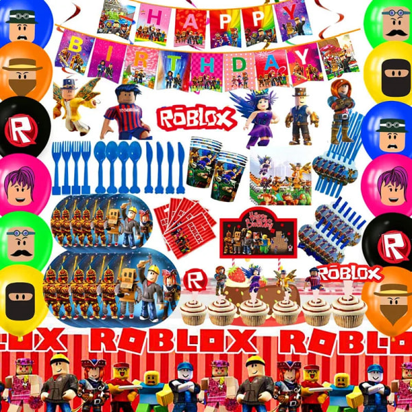 Roblox Festtillbehör Ballonger Papperskopp Tallrik Engångsservis Set Barn Roblox Födelsedagsfest Dekoration Roblox Spelfest BLY-107