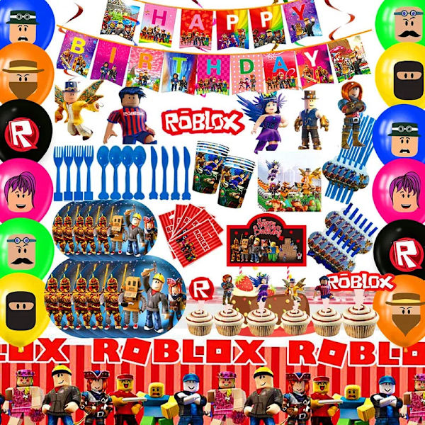 Roblox Festtillbehör Ballonger Papperskopp Tallrik Engångsservis Set Barn Roblox Födelsedagsfest Dekoration Roblox Spelfest Robot Blocks-107pcs