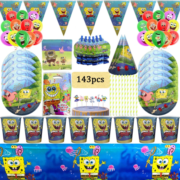 Tecknad Sponge-Bob Barn Faovrs Födelsedagsfest Tillbehör Servis Set Fest Dekoration Kopp Tallrik Ballong Baby Shower Bakgrund BPQZZ-51PCS