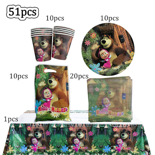 Tecknad masha och björn Tillbehör för födelsedagsfest Engångsservis Papperskopp Tallrik Servett Baby Shower Födelsedagsdekoration BPLZZ-51PCS
