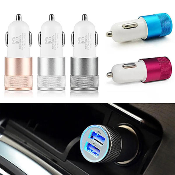 Billadapter med dubbla USB-portar för iPod/iPhone 4 5 5C 5S/Samsung/HTC Silver