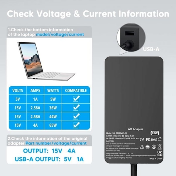65w oplader, kompatibel med Surface Pro 3/4/5/6/7 Surface go 2/1, til Microsoft Surface Book Notebook/Tablet, USB