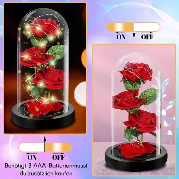 Evig Ros Under Glas - LECOO - 3 Röda Rosor - LED-ljus - Presentförpackning - Heminredning Red