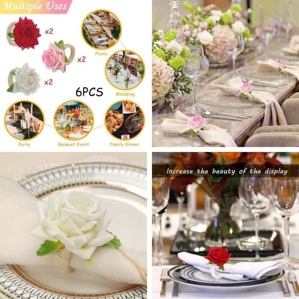 Servietringe - Uspecificeret - 6 stk. - Kunstig Blomst - Linned - Rose Design Pink