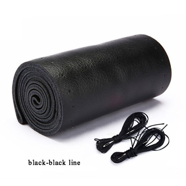 (svart-svart linje)100 % äkta läder flätad cover 15 tums bilflätningsskydd på ratten för bilinredningstillbehör black-black line