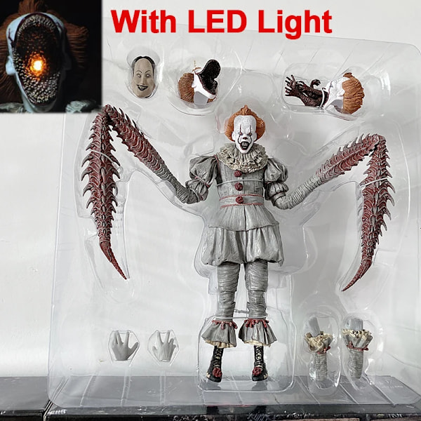 Med LED-ljus NECA Stephen Kings Pennywise Joker Clown PVC Action Figur Modell Leksaker Skräckdocka Collection Present för barn H No box