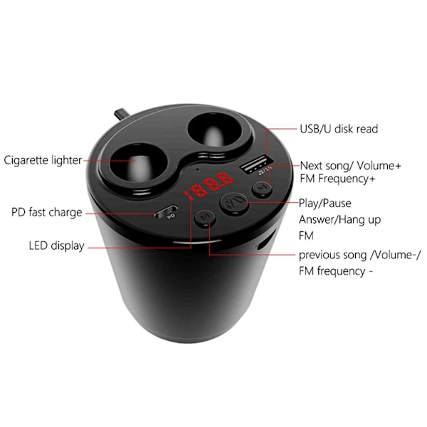 G63 Bil Bluetooth 5.0 FM-sändare PD Typ C USB-laddare Musik MP3-spelare TF-kort Handsfree Black A