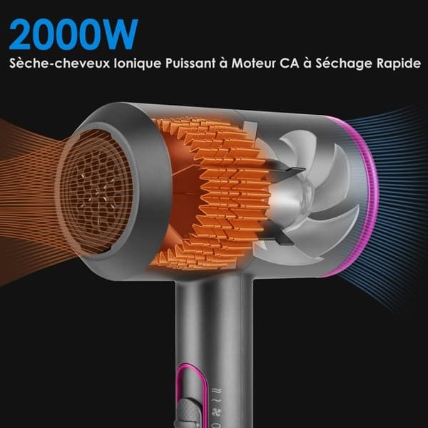 2000W Ionic Hårføner - Uplayteck - Profesjonell hårføner med 2 konsentratorer og 1 diffuser, 3 hastigheter, 2 violent, metallic gray