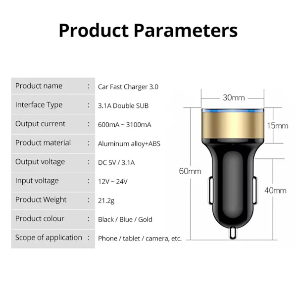 Cigarette Lighter Socket Dual USB 2 Port Biloplader Adapter 3.1A Aluminiumlegering Cigarette Lighter Adapter Voltmeter LCD Display