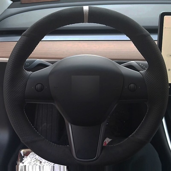 Cover Handsydd mjukt svart äkta lädermocka för Tesla Model 3 2015-2020 Model Y 2019 2020