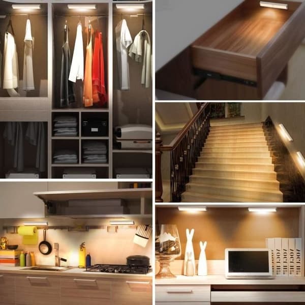 3 stk. bevegelsessensorlys, 10LED skaplys, USB oppladbart LED nattlys, trappelys - varmhvit