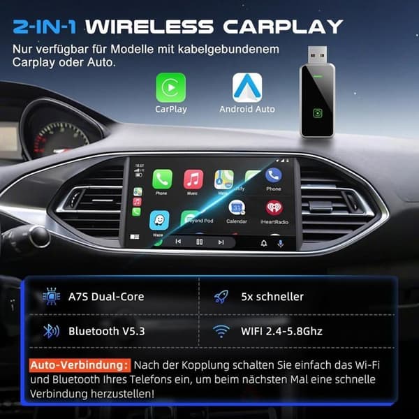 2-i-1 Trådløs Carplay Adapter til iOS CarPlay/Android Auto, Konverter Kablet til Trådløs med USB & USB-C/Type-C