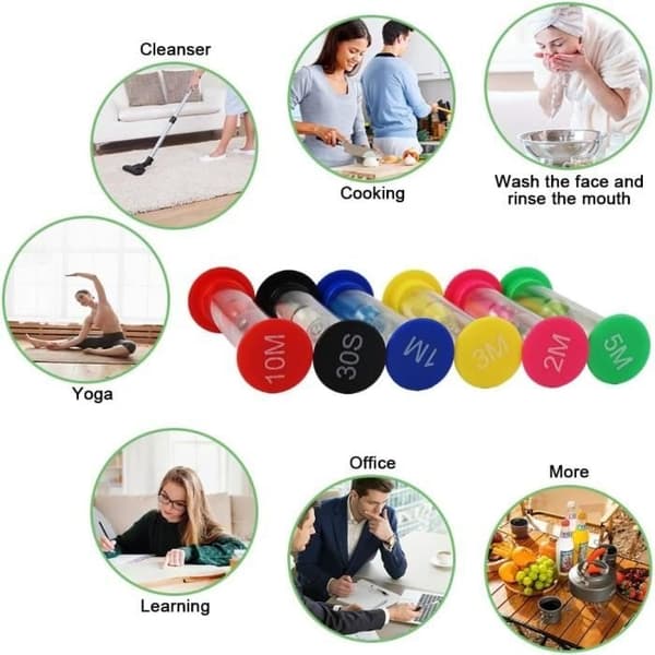 12 stk. timeglas, farverige timeglas, 30 sekunder, 1 minut, 2 minutter, 3 minutter, 5 minutter, 10 minutter, timeglas til børn