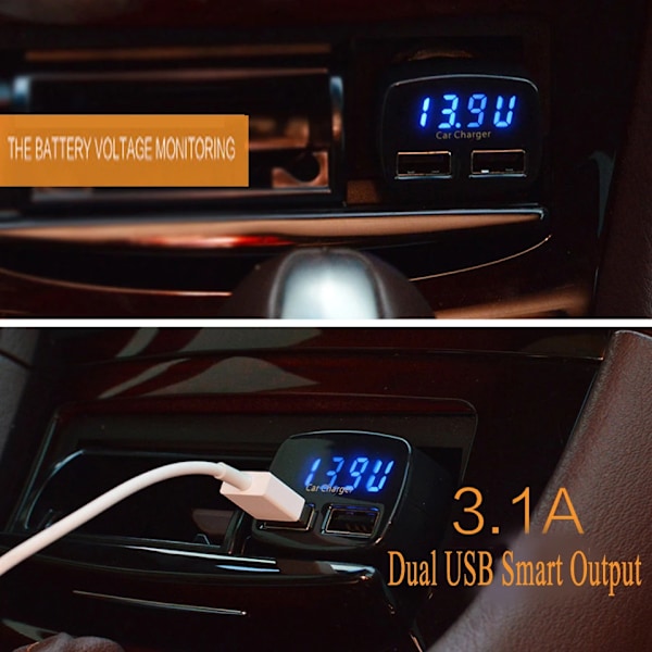 4 i 1 Dubbel USB-utgång Billaddare Telefonströmadapter Digital Voltmeter Strömtestare Termometer Display 3.1A Universal White Blue Light