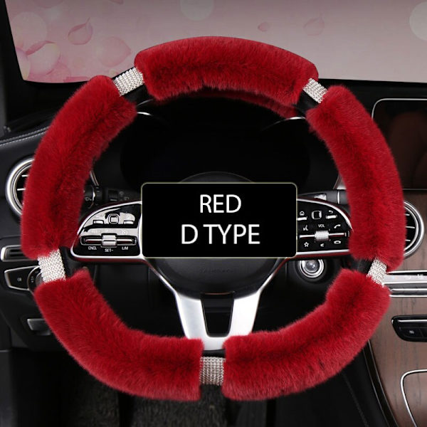 (röd-D form)Karcle Fluffy Cover med Bling Rhinestones Diamond Furry Car Styrskydd Universal 38cm För Kvinnor Tjej red-D shape