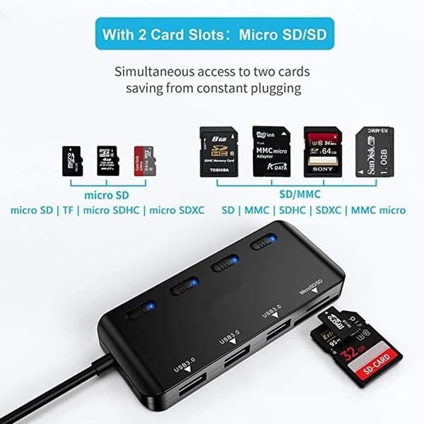 Atolla USB 3.0 Hub Strømskinne, Multi Port USB Adapter med SD/TF/Micro SD Kortlæser til Macbook/Notebook og Mere