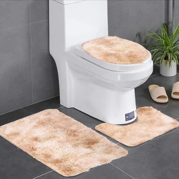 Baderomsmatte - 3-delt sett - Sklisikker - Maskinvaskbar - Beige - Polyester beige