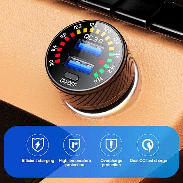 Billadapter för bil med dubbla QC 3.0 USB-portar, 18 W snabbladdning, LED-voltmeter med ON/OFF-knapp, 12 V-24 V, vattentät Gold
