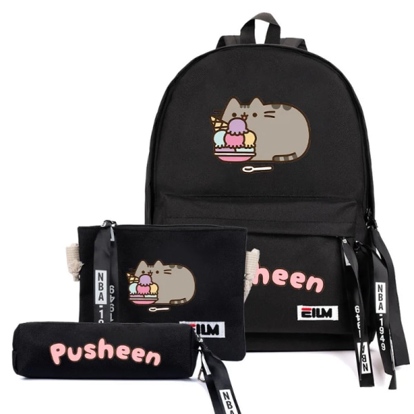 3 st Söt Pusheen- print Kvinnor Tjejryggsäck Harajuku Kawaii Katt Kvinnlig Student Flickor Skolväska Stor kapacitet Resesäck 2