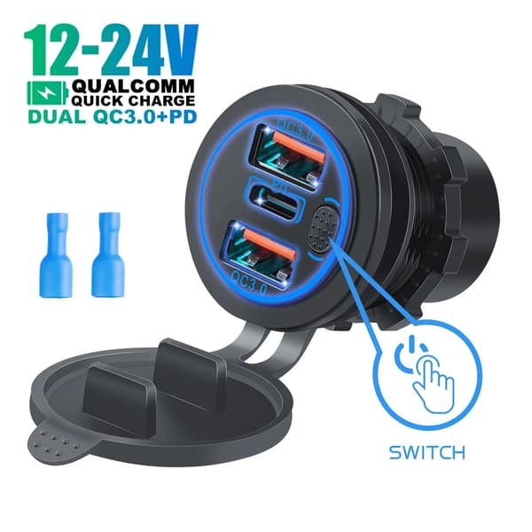 12V/24V Triple Porte 68W USB-C Multipel Biloplader Socket PD3.0 3USB QC3.0 Porte Med Touch Switch Hurtig Biladapter