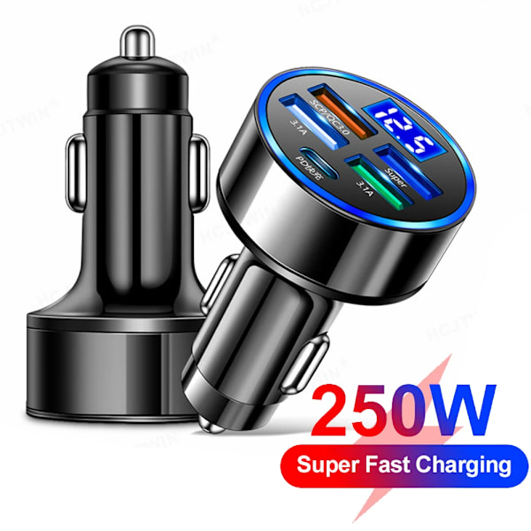 250W 4-portars USB-billaddare för bil Typ C PD QC3.0 Snabbladdningsadapter LED-display för Huawei Xiaomi iPhone 14 13 12 11 Pro Max 5 in 1 250W PD